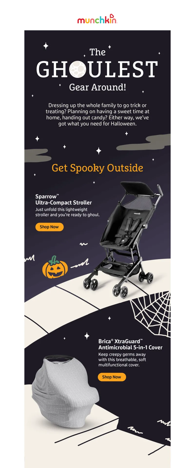 Newsletter di Halloween di Munchkin che propone diversi prodotti per bambini piccoli