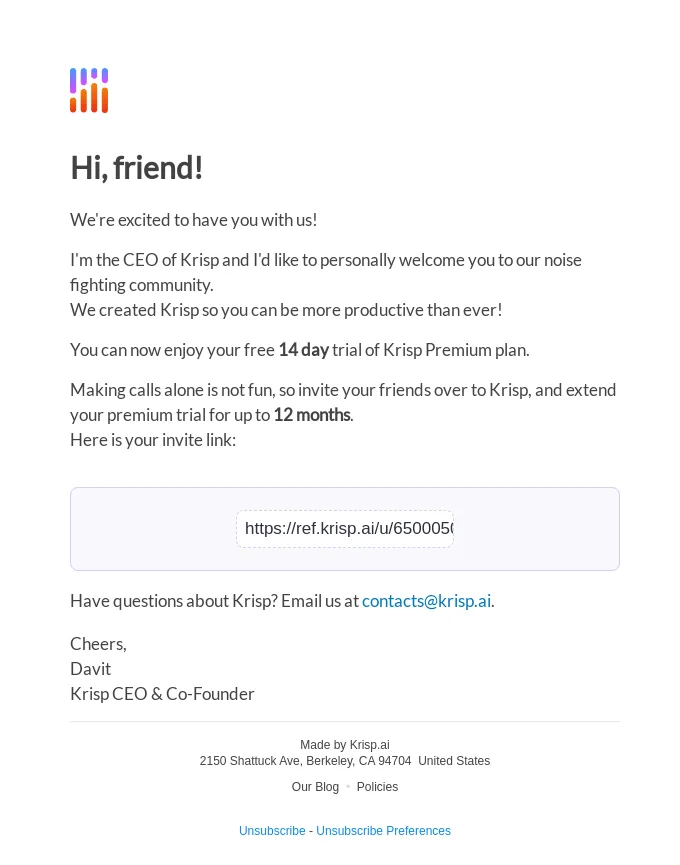 Beispiel für eine Bestätigungs-E-Mail von Krisp mit Kontakt-E-Mail-Adresse.