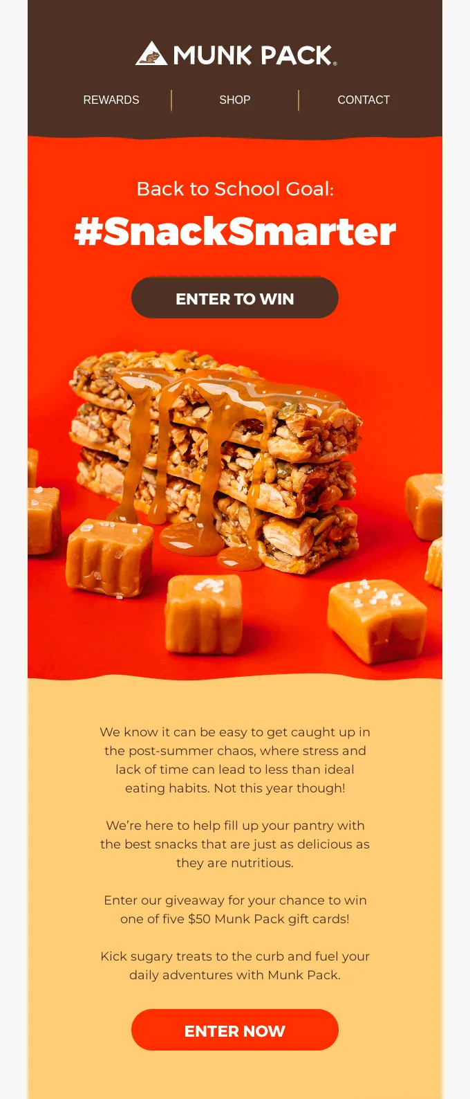 Email di Munk Pack che presenta i suoi snack e annuncia la possibilità di vincere una gift card.