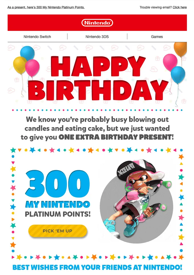 Geburtstags-E-Mail von Nintendo im typischen Stil des Unternehmens mit einem Maskottchen aus einer hauseigenen Spielereihe.