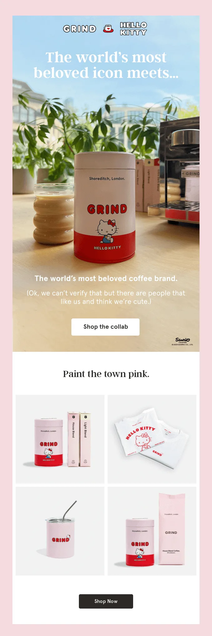 E-mail da Grind que anuncia de forma bem-humorada a parceria com a Hello Kitty