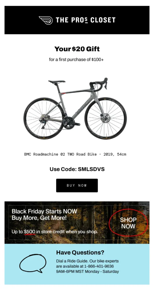 Example of the best Black Friday email by The Pro's Closet showcasing a deal and a product on top