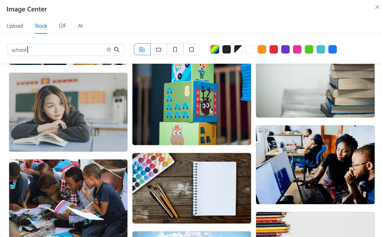 Stock image library in Blocks showing images for the "school" prompt