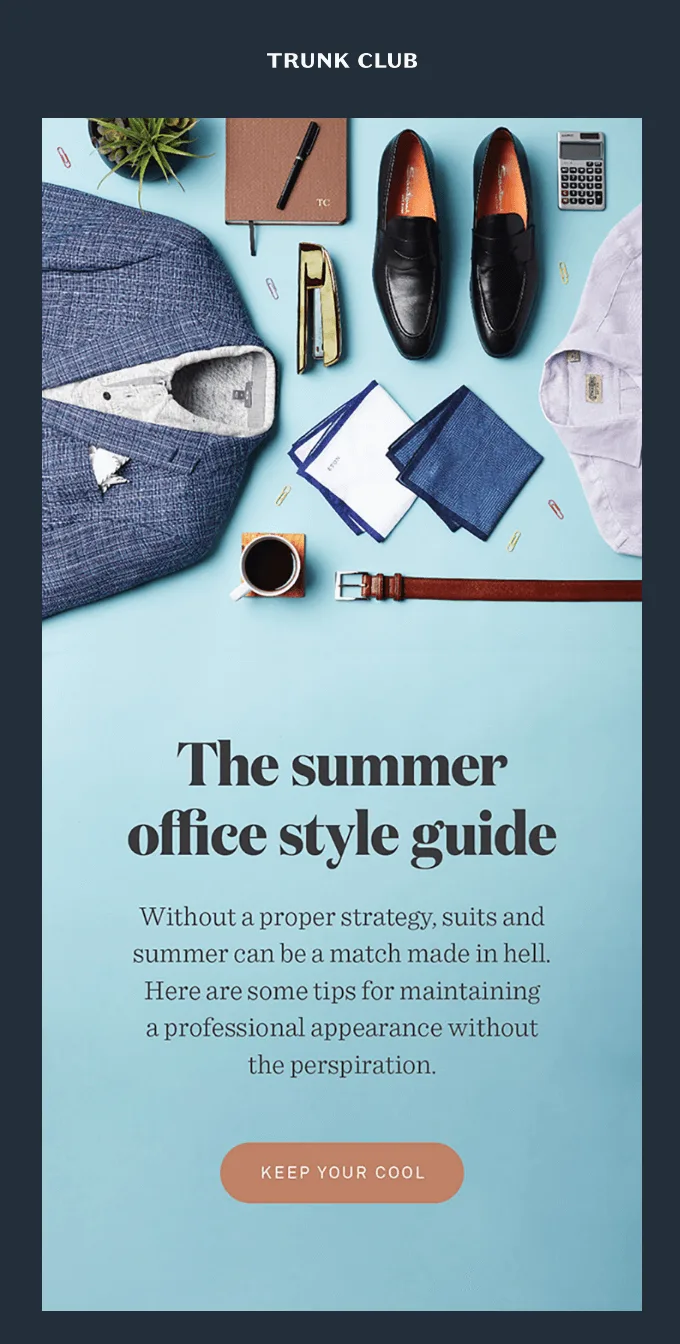 Sommer-Newsletter von Trunk Club mit einem Link zu einem Stilguide fürs Büro im Sommer.