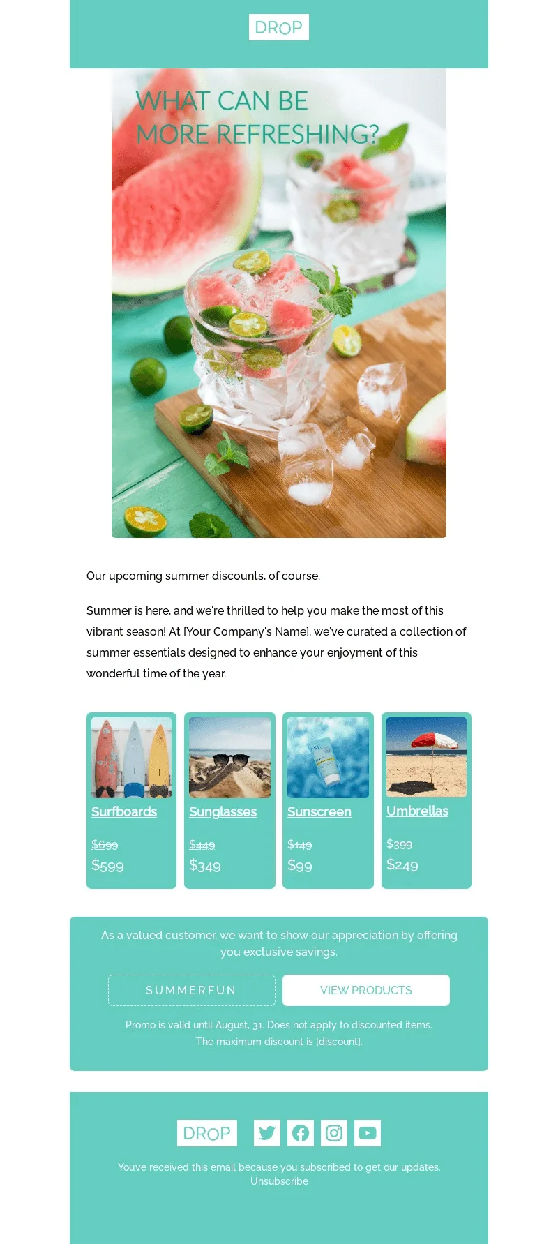 Sommer-E-Mail-Vorlage von Blocks mit Bildern von kalten Getränken und Wassermelonen.
