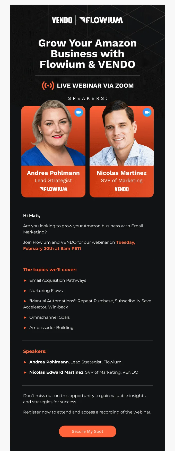 Webinar-E-Mail von Flowium, die die Gastreferenten prominent präsentiert.