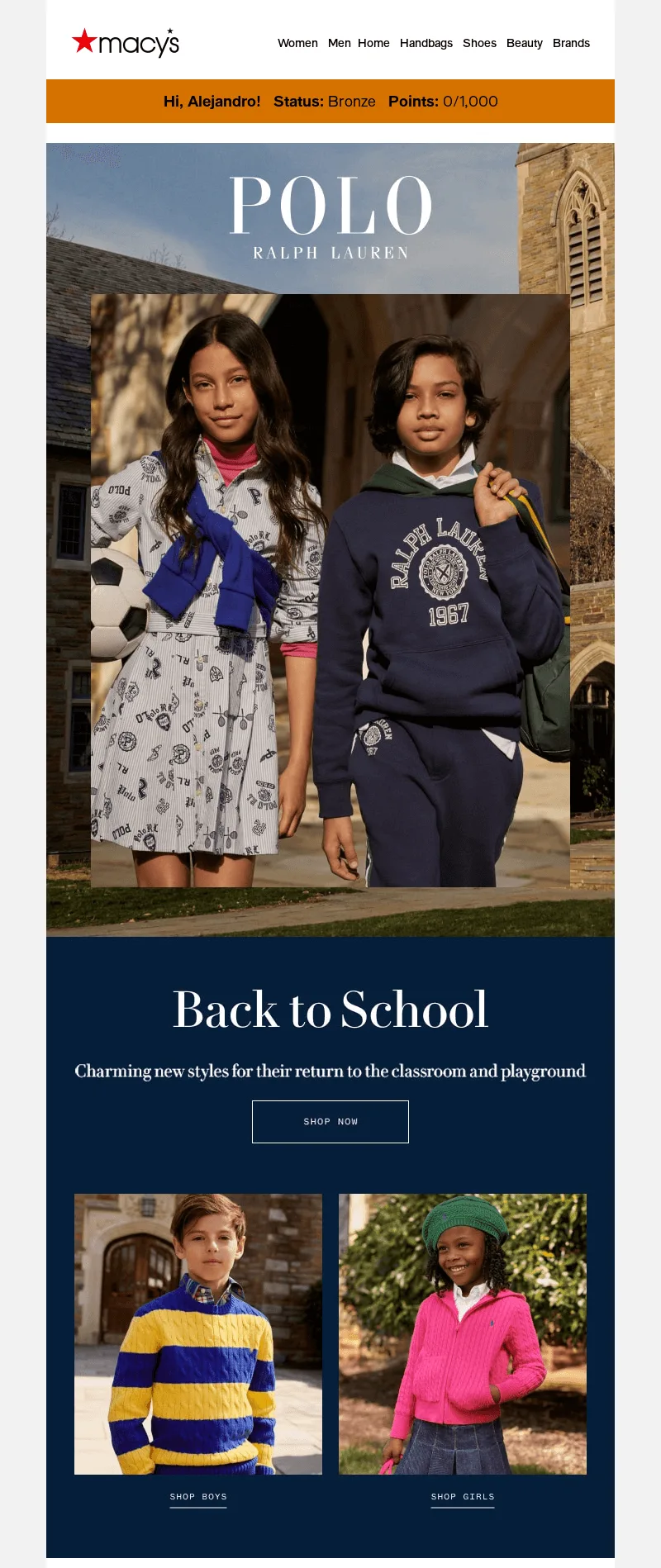 Email by Macy's that features back-to-school clothing collection