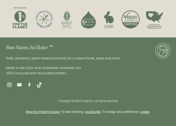 Email footer example by Koala Eco showcasing the brand's mission and values