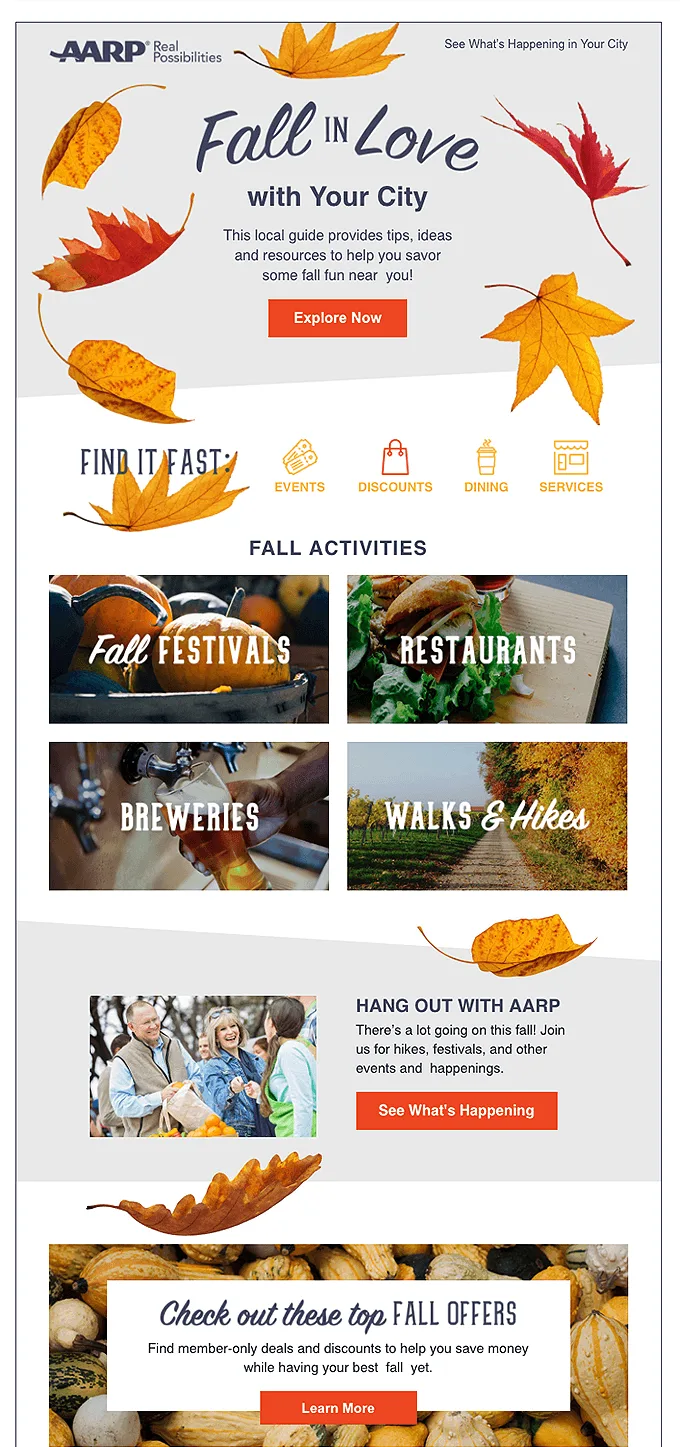 Email autunnale di AARP con una guida alle attività in città.