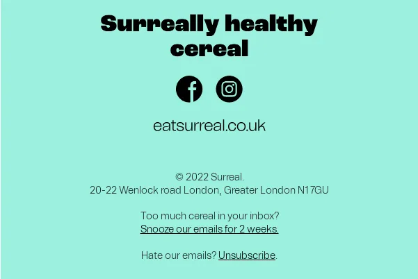 Email footer example by Surreal containing the "Too much cereal in your inbox?" pun