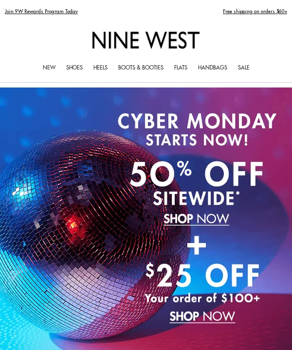 Email di Nine West che ripete l’offerta dell’oggetto per il Cyber Monday