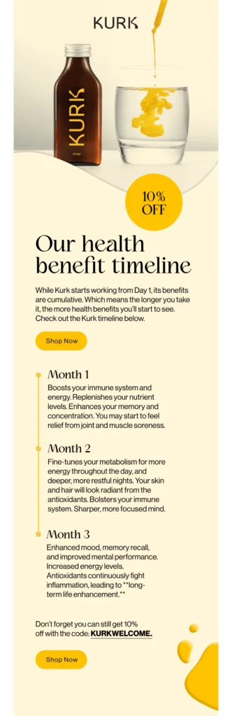 Exemplo de e-mail da Kurk que usa cores suaves e discretas no design.