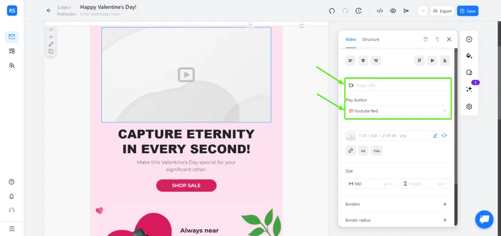Várias opções personalizáveis disponíveis para o elemento Vídeo.