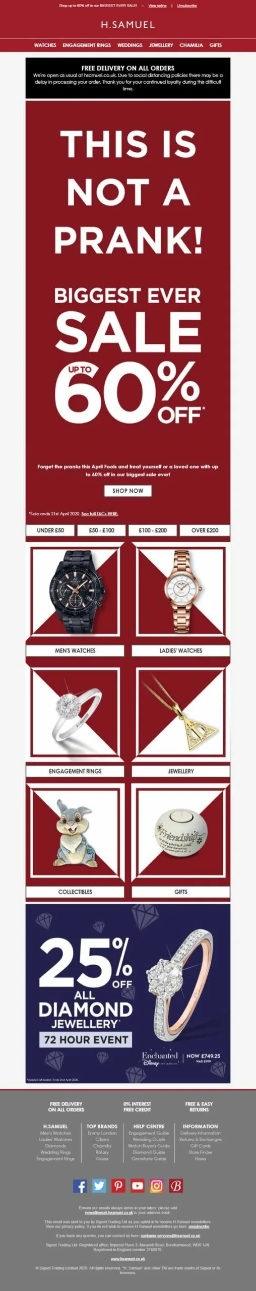 h. samuel email for april fool's day that says this is not a prank, biggest sale, up to 60% off