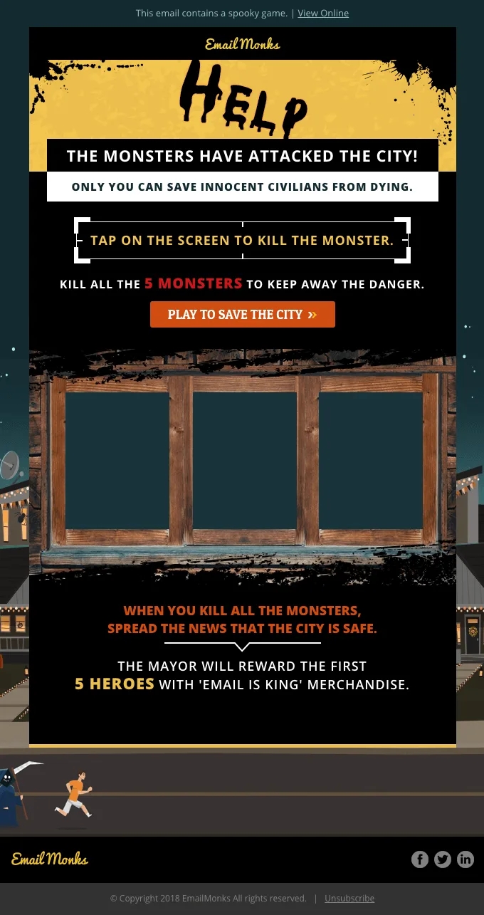 Newsletter di Halloween di EmailMonks con un minigioco di tiro a segno