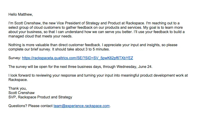 Plain text email example by Rackspace with zero graphics & regular links instead of hyperlinks.