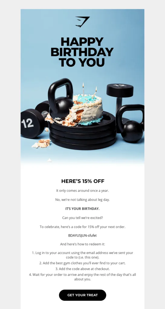 Geburtstags-E-Mail von Gymshark mit ausführlicher Anleitung zum Einlösen des Geschenks.