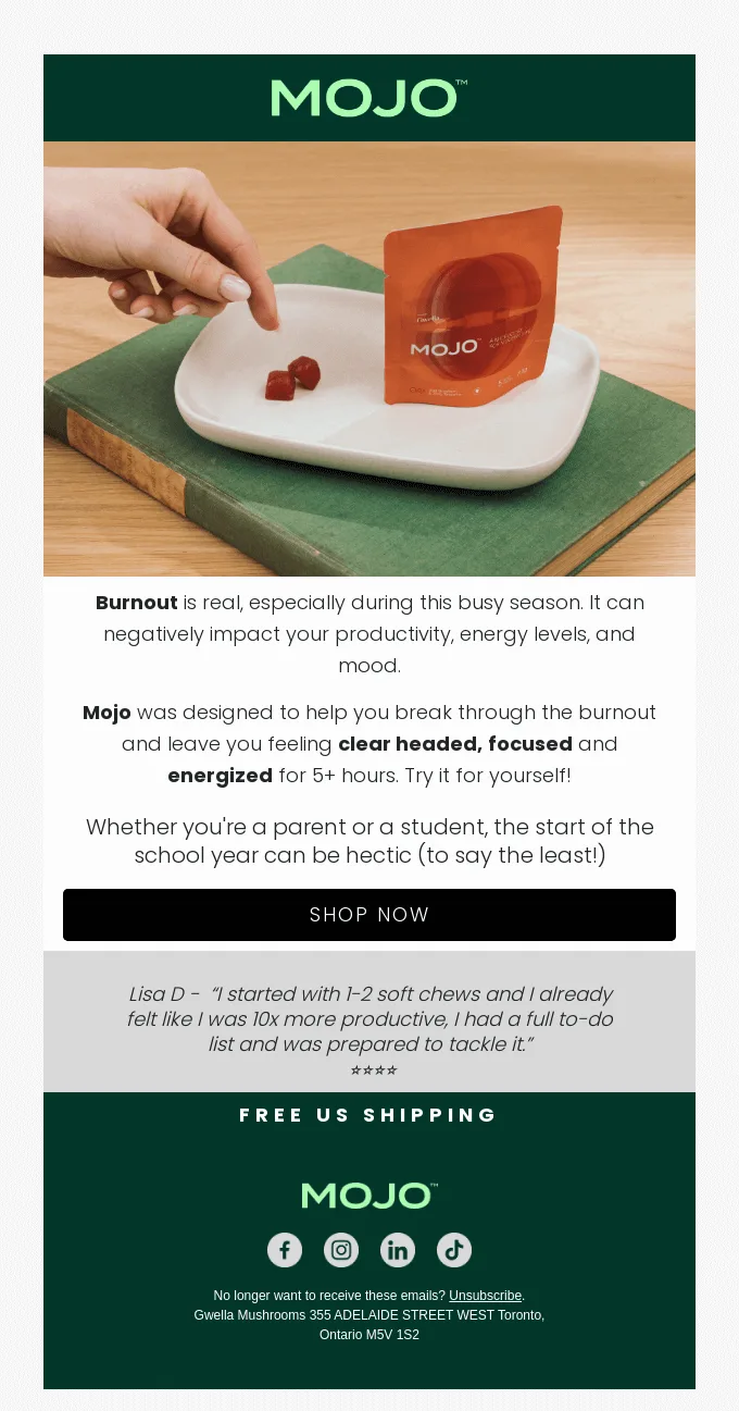 Back-to-school email by mojo that features gummies to beat burnout