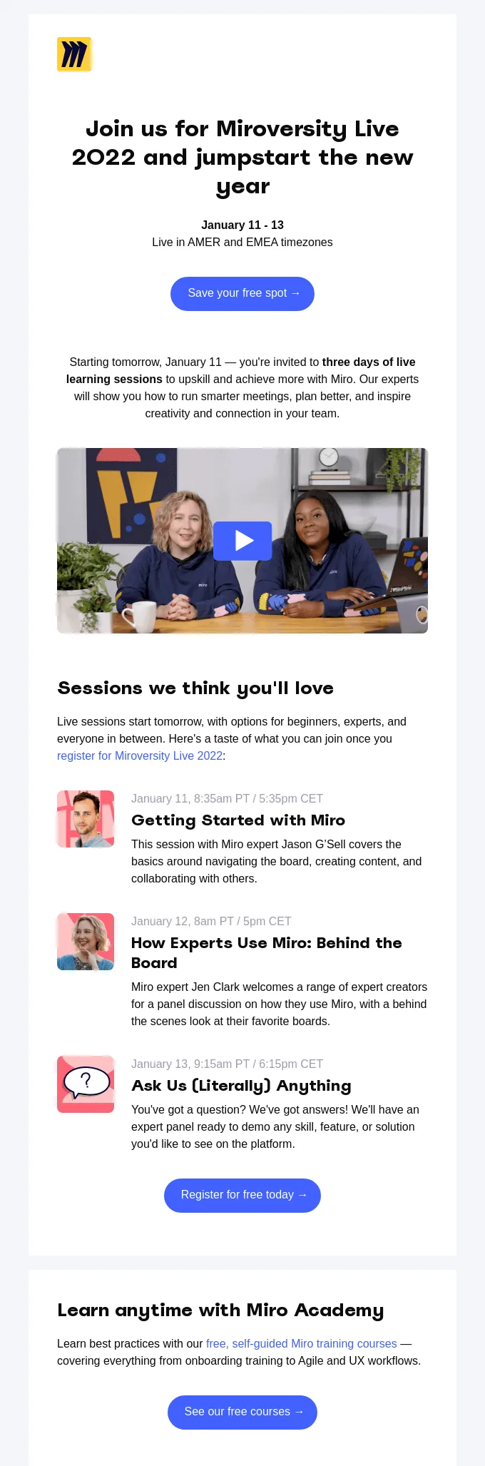 Webinar-E-Mail von Miro mit mehreren CTAs für verschiedene Zwecke.