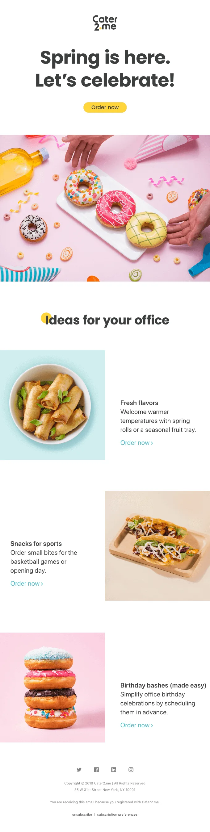 Newsletter de primavera da Cater2.me com uma seleção de lanches para celebrar o início da estação