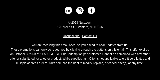 Email footer example by Nuts.com indicating the email purpose