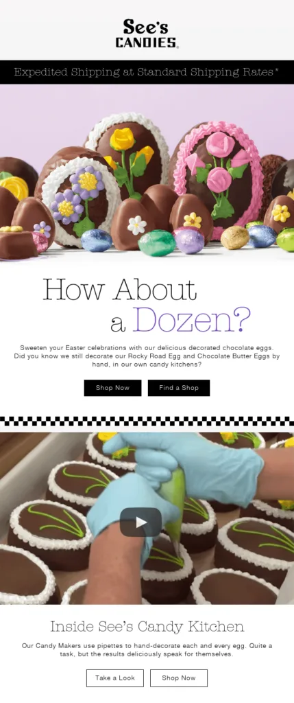 Vídeo entre bastidores en un email de Pascua de See's Candies