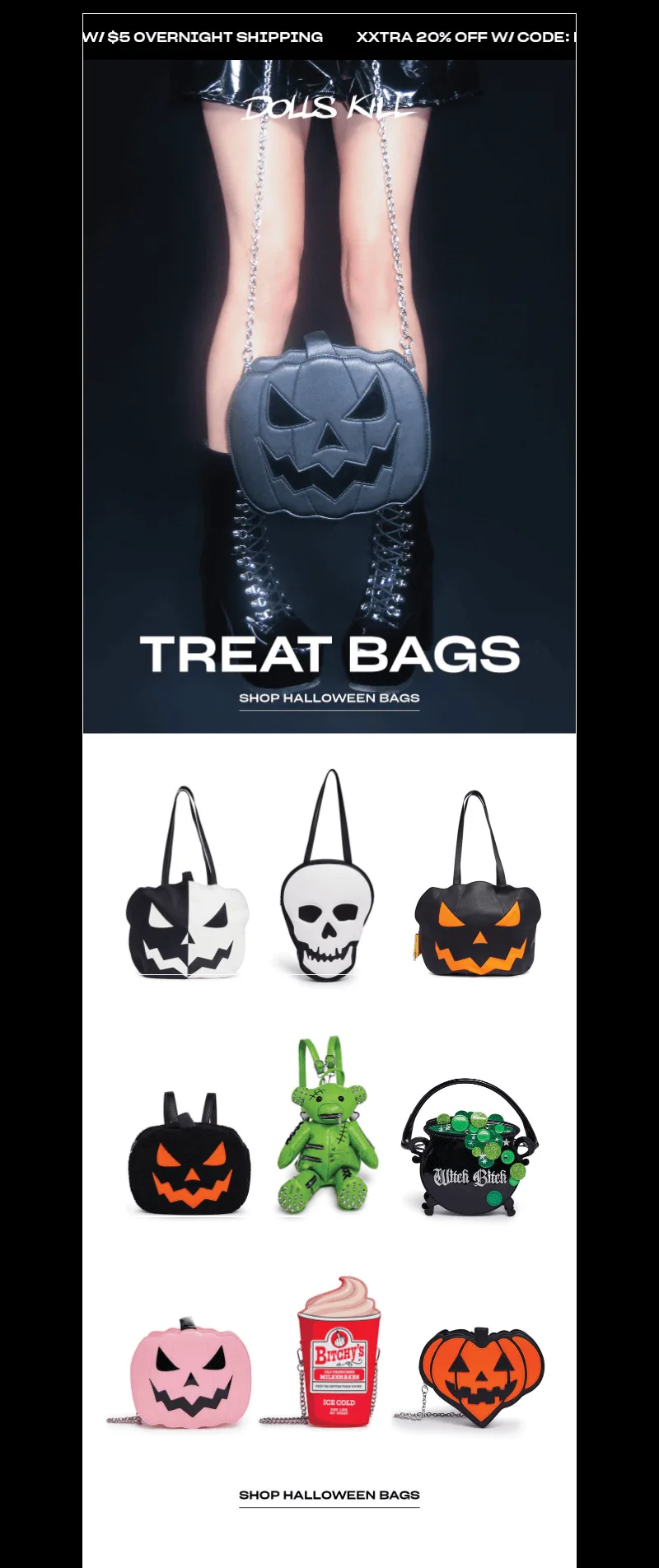 Newsletter di Halloween di Dolls Kill con una borsa a forma di zucca intagliata