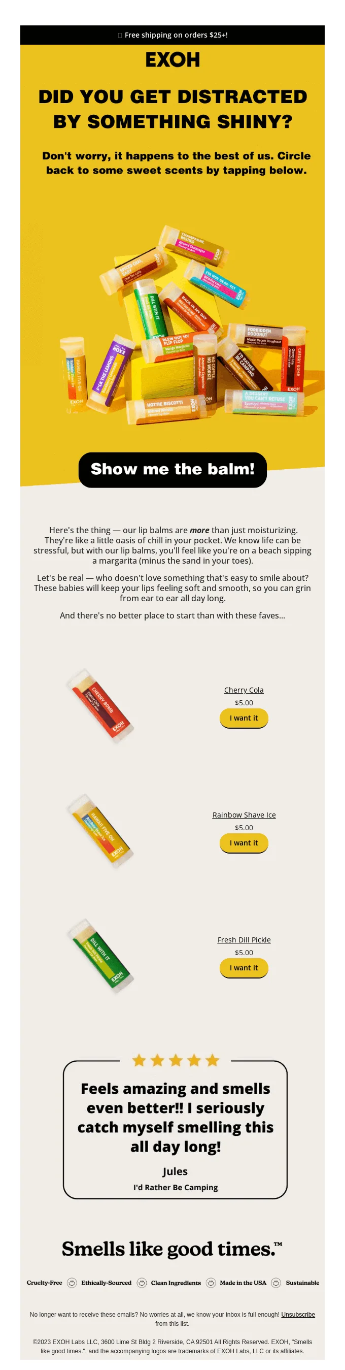 Retention-E-Mail von EXOH mit einem auffälligen Haupt-CTA und einem sekundären CTA bei jedem Produkt