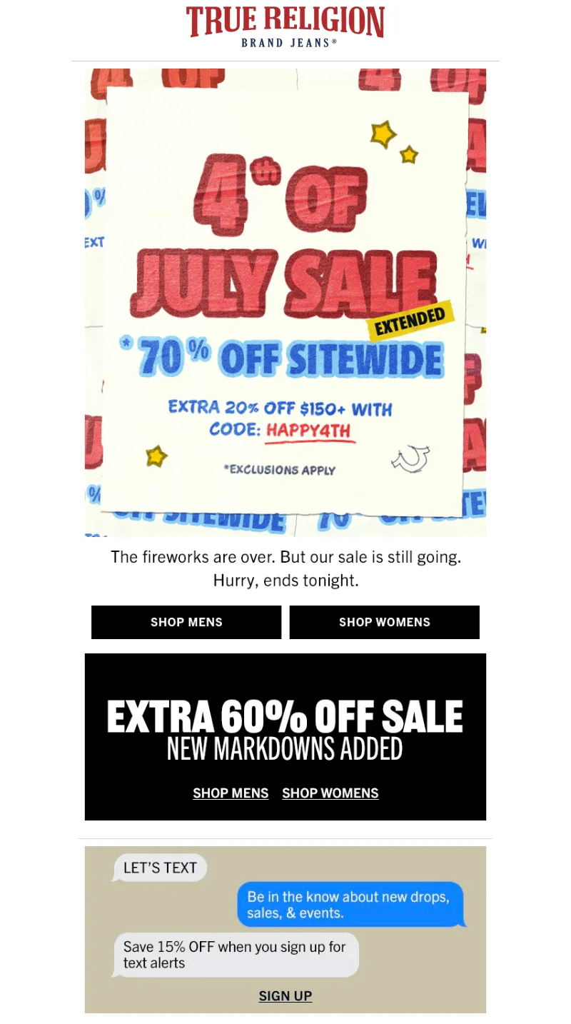 E-Mail von True Religion zum 4. Juli, die den verlängerten Feiertags-Sale ankündigt