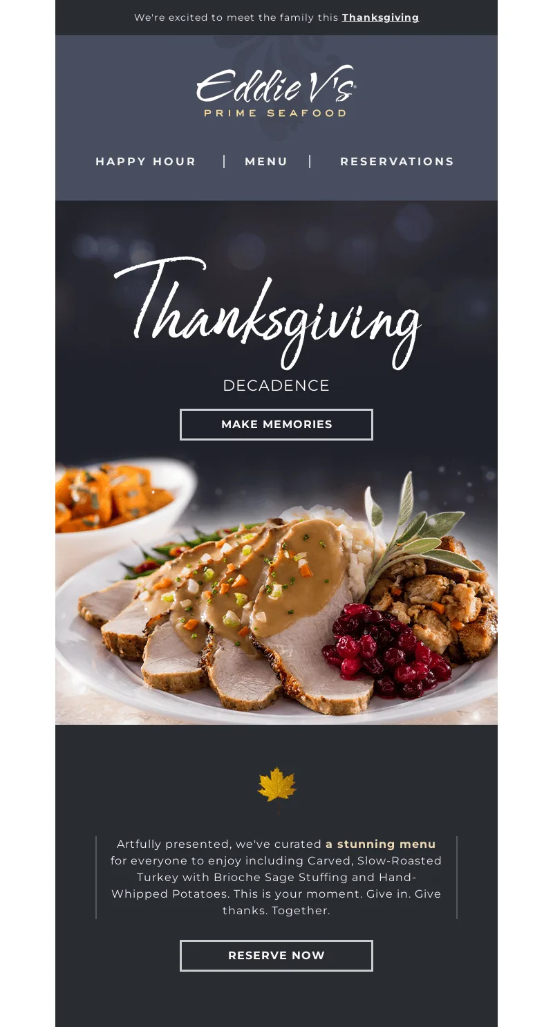 Plantilla de email de Acción de Gracias de Eddie V's Prime Seafood con un botón «Make Memories»