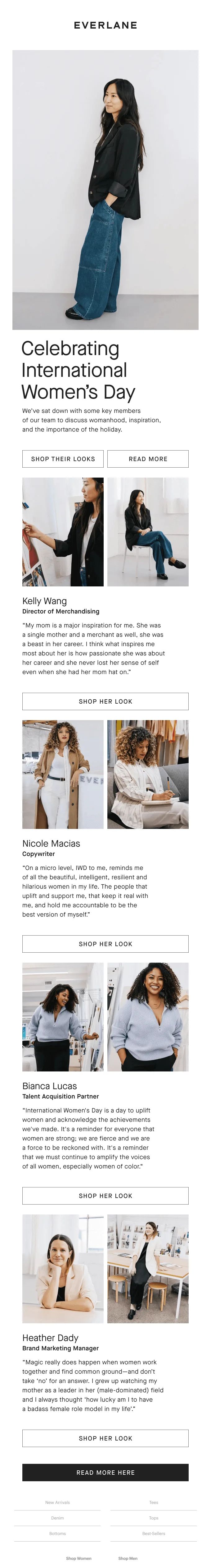 E-mail da Everlane para o Dia Internacional da Mulher com histórias das colaboradoras da marca.