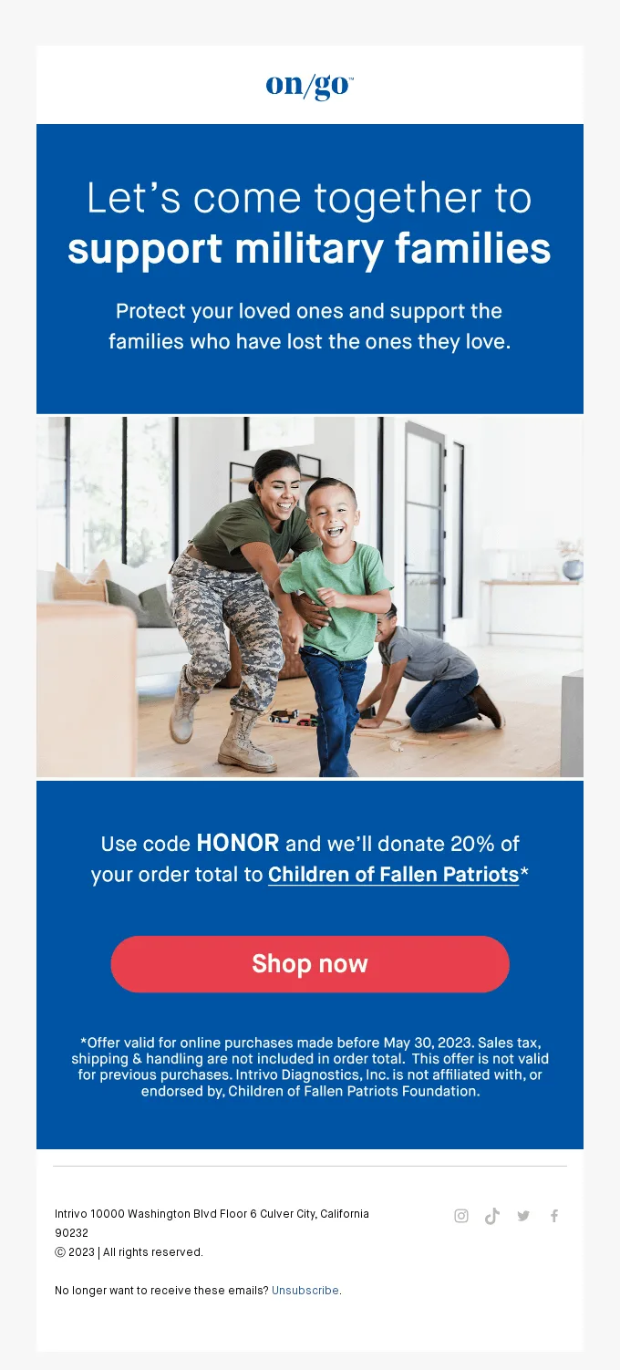 E-mail da On/Go para o Memorial Day, que convida os destinatários a apoiar famílias de militares.