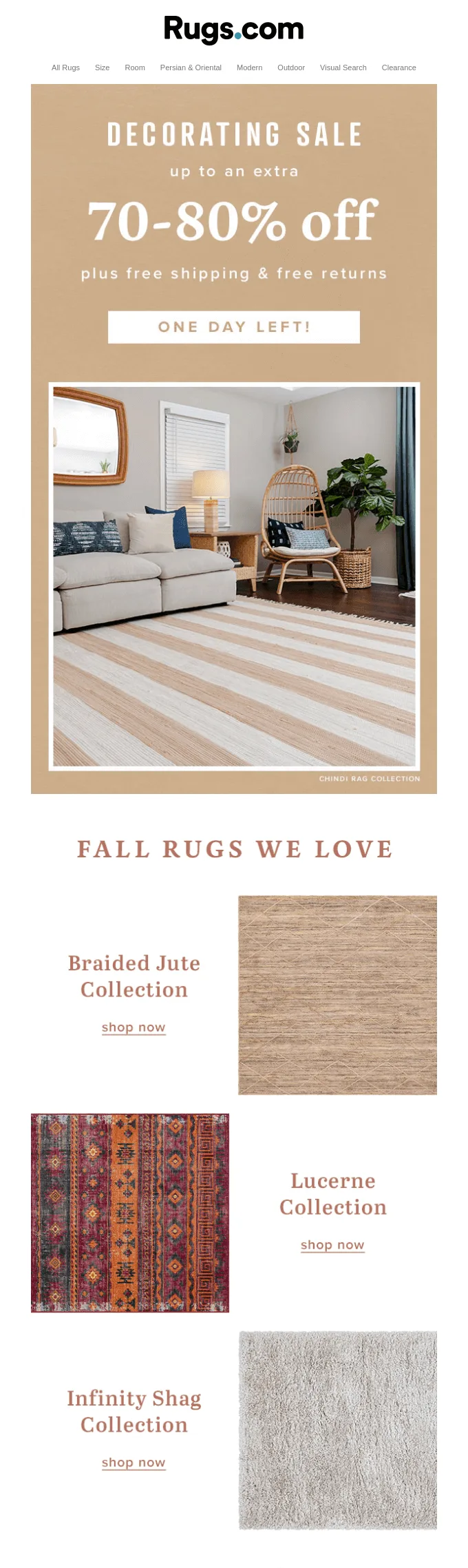 Email autunnale di Rugs.com con l’annuncio della Decorating Sale e la collezione di tappeti d’autunno.