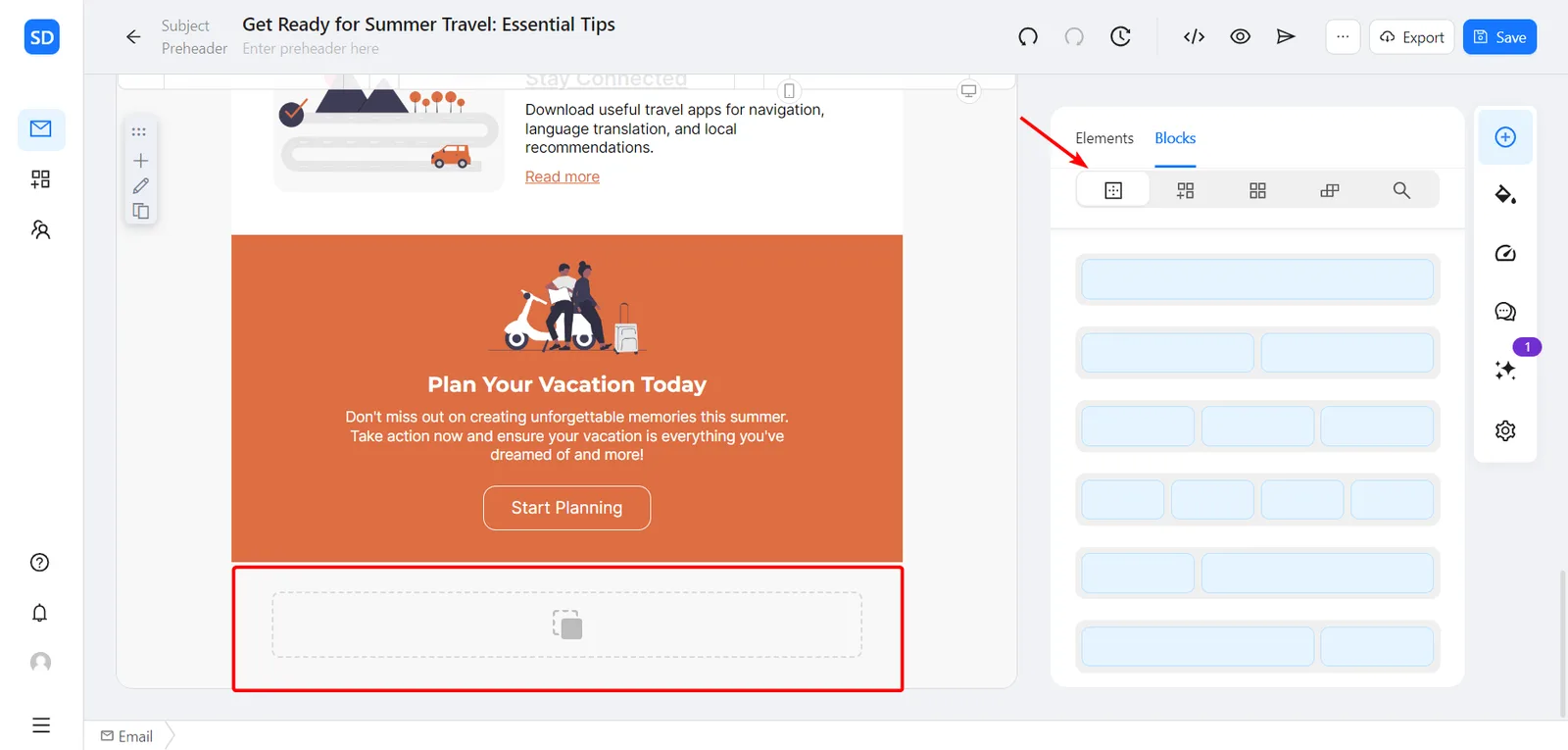 Blocks interface with indicated "Empty blocks" section and outlined empty block in the email template
