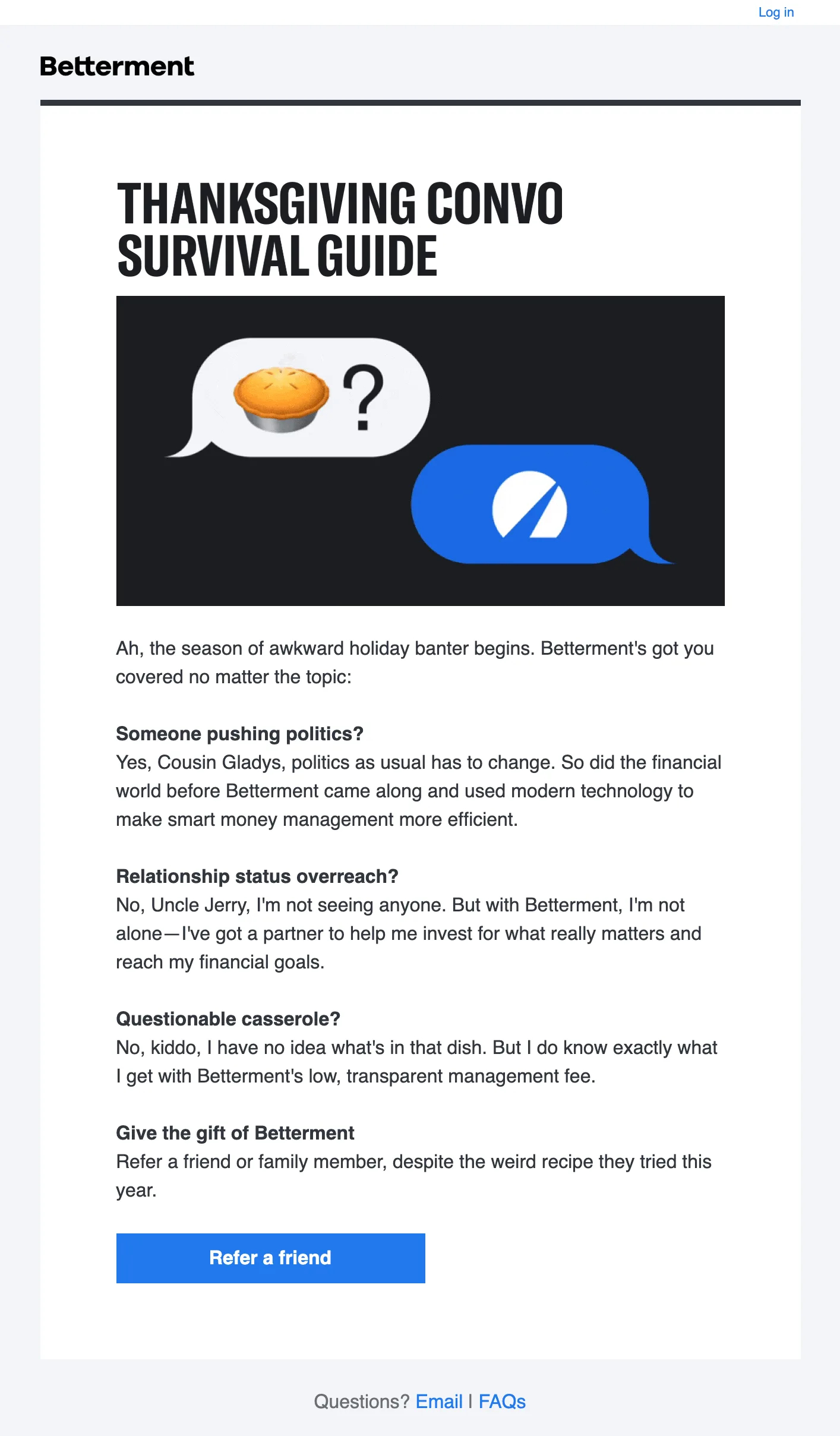 Email de Acción de Gracias con humor de Betterment