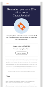 An abandoned cart email with a special offer by Etsy.