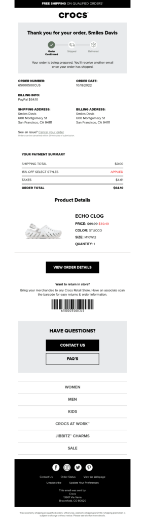 crocs order confirmation email