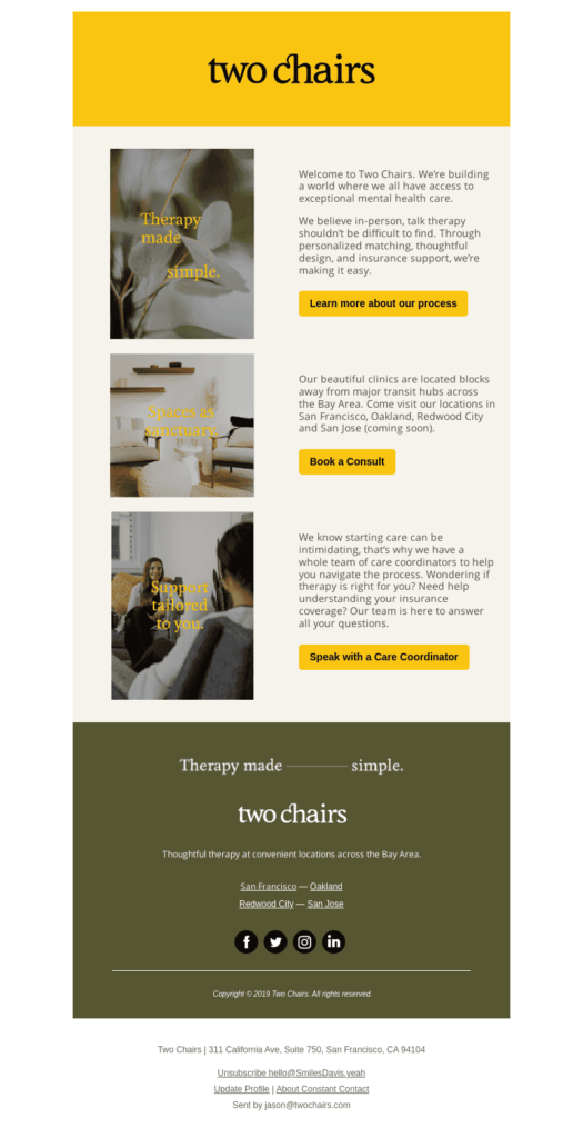 email introduttiva di two chairs sui propri servizi di terapia