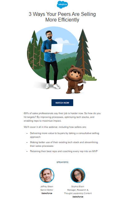 Example of a save the date email template by Salesforce with the topic of the event: "3 ways your peers are selling more efficiently"