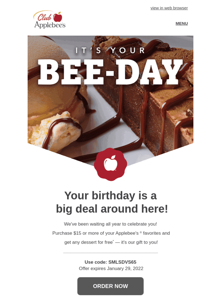 Geburtstags-E-Mail-Vorlage mit dem CTA "jetzt bestellen"