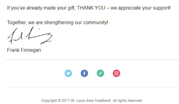 detailed footer of a charity email with the personal gratitude and signature of the head of the project