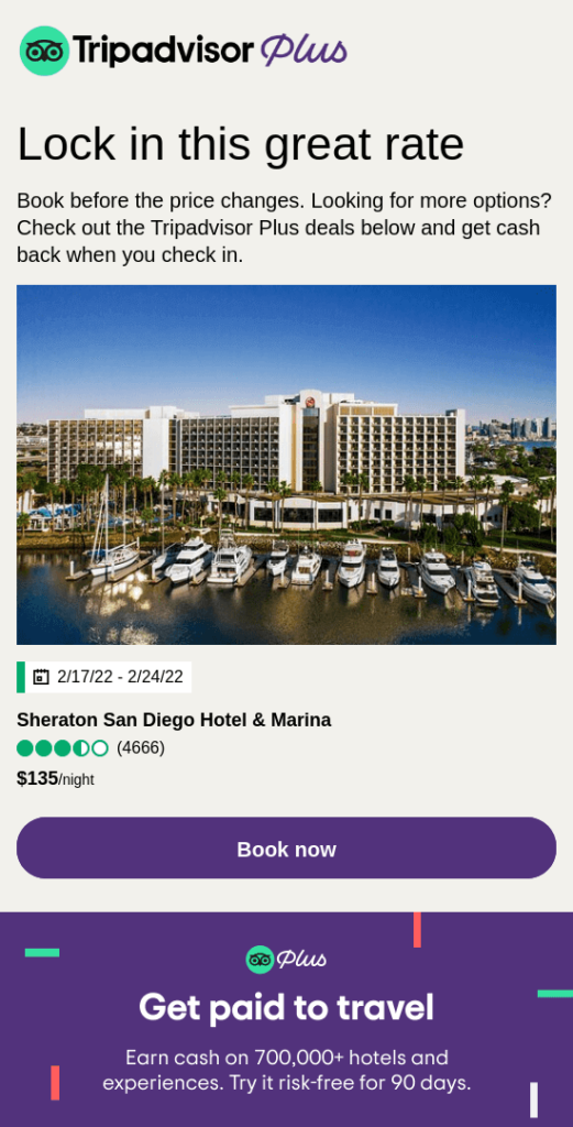 Email di TripAdvisor Plus con un promemoria per prenotare una camera allo Sheraton San Diego Hotel & Marina