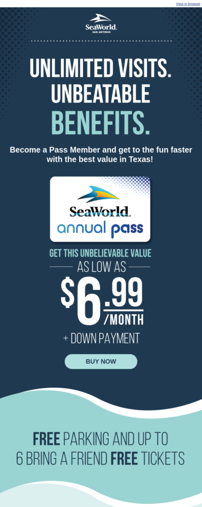 Email di Seaworld sull'abbonamento annuale per il Texas