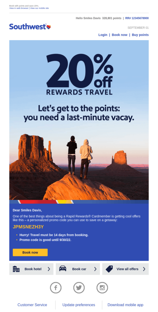 Email di Southwest Airline con un coupon sconto del 20%