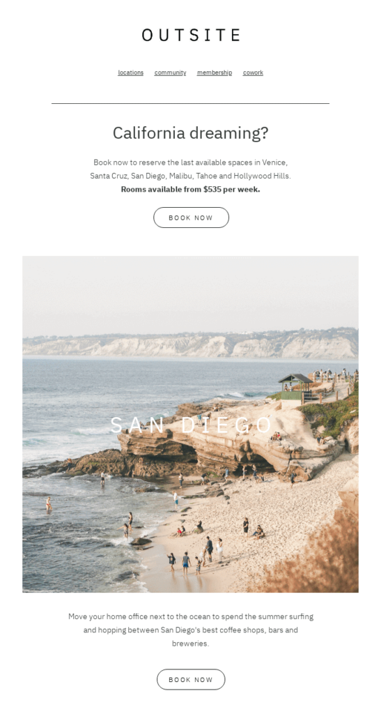 Email di Outsite che ricorda che è l'ultima occasione per prenotare una vacanza in California
