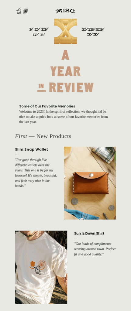 Coerenza del brand in un esempio di newsletter di riepilogo dell'anno di Misc. Goods Co