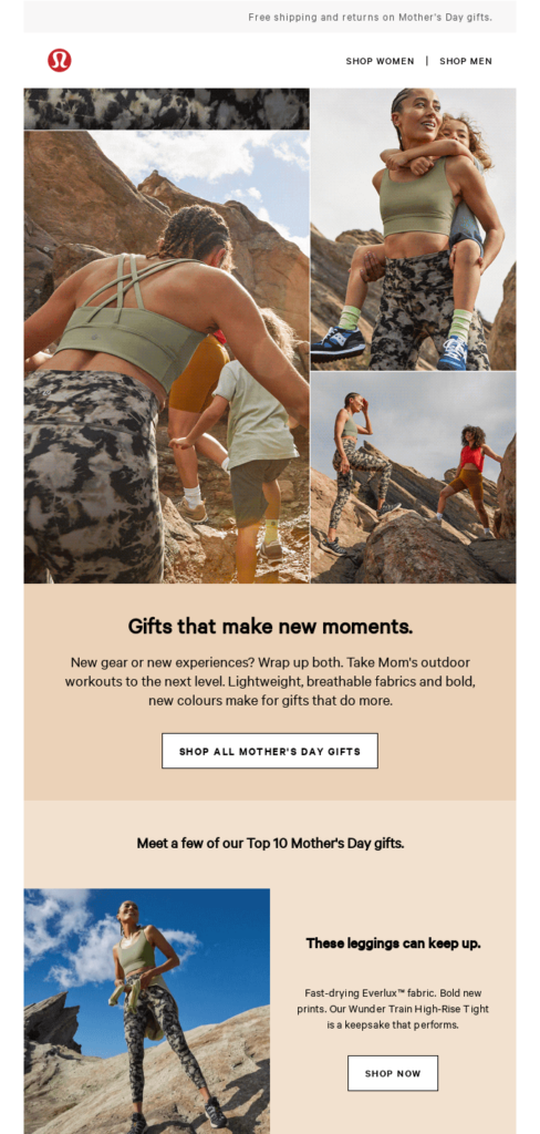 Muttertag-E-Mail mit Geschenkeführer von Lululemon