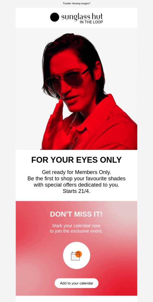 Sunglass Hut personalized coming soon email