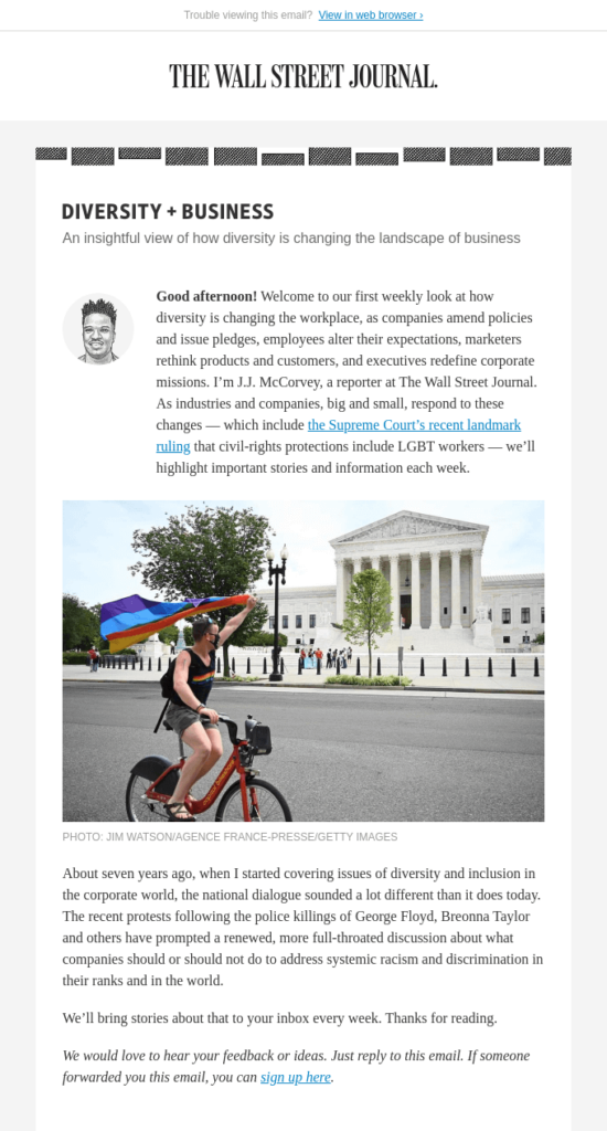 Email del Wall Street Journal con un layout d'impatto