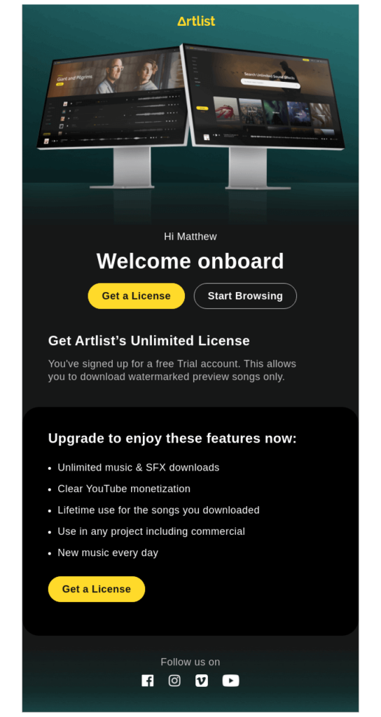 Music email template with personalization in an email by Artlist